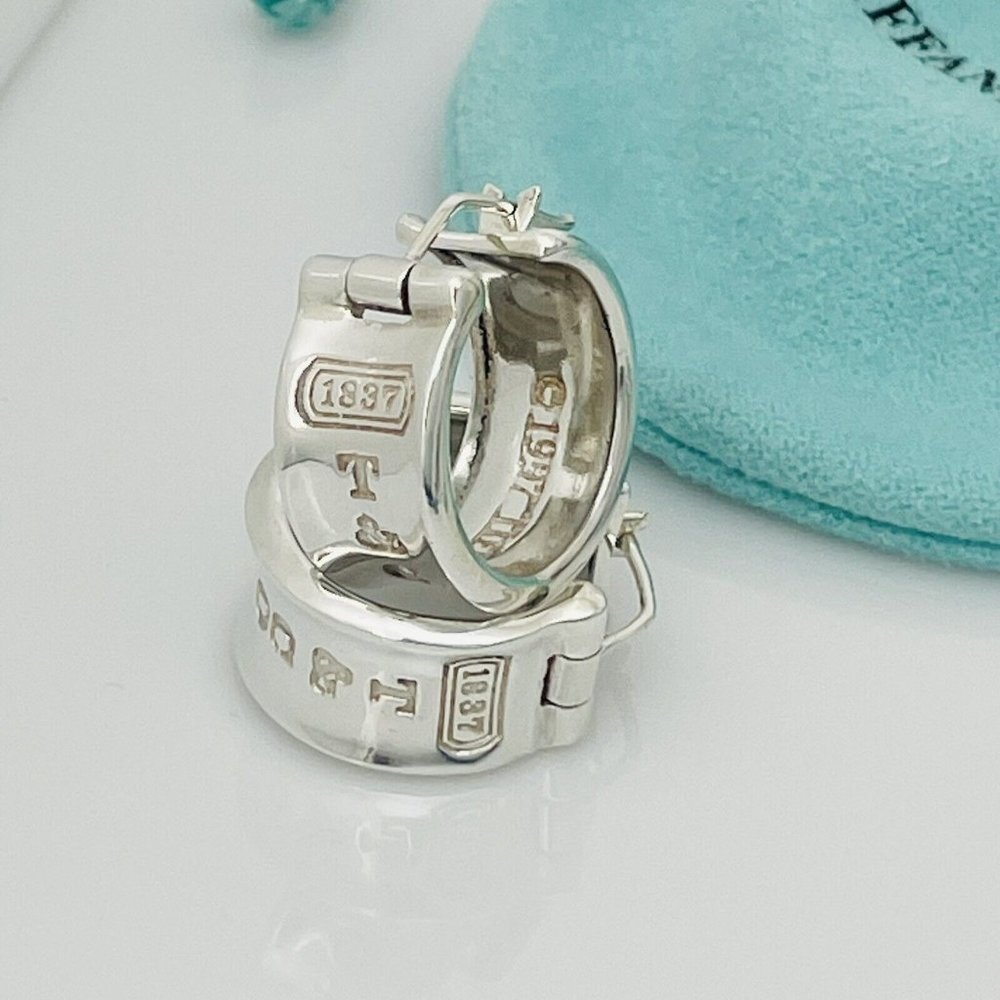 Tiffany & Co Sterling Silver T&CO 1837 Hoop Huggie Earrings